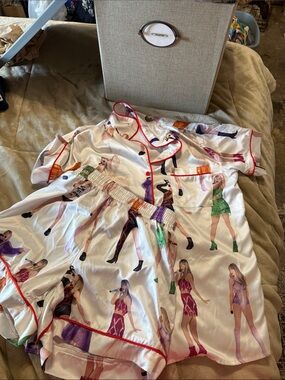 Silky White Graphic Taylor Swift Pajama Set with Red Trim